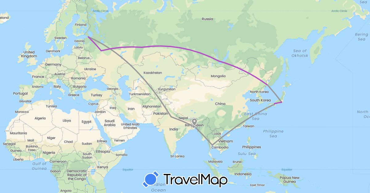 TravelMap itinerary: driving, plane, train in Bangladesh, India, Japan, Russia, Thailand (Asia, Europe)